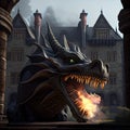 Hyperrealistic Dragon Breathing Fire on an Intricately Detailed Castle, Created with Generative AI