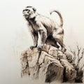 Hyperrealistic Drawing Of Wild Monkey On Rock With Mountain Silhouette Royalty Free Stock Photo