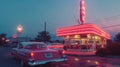 Hyperrealistic evening scene of retro diner with 1950s cars, neon sign, and vibrant colors