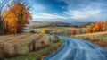 Hyperrealistic fall countryside vibrant foliage, winding road, blue sky in ultra detailed hdr