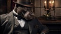 Hyperrealistic Fantasy Portrait: Hippo In A Hat Wearing A Suit