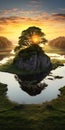 Hyperrealistic Fantasy: Tree On Small Island At Sunset Royalty Free Stock Photo