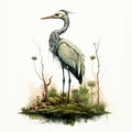 Hyperrealistic Fauna: A Painted Heron On A Misty Hill