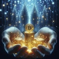 Hyperrealistic Floating Gold Coins Above Hands with Digital Neon Forest Light