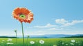 Hyperrealistic Gerbera Illustration In Expansive Green Meadow Under Clear Blue Sky Royalty Free Stock Photo