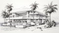 Hyperrealistic Hand Drawn Sketch Of Ocean View Luxury Villa With Palm Trees
