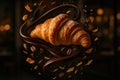 Hyperrealistic horizontal poster of levitating chocolate croissant with melted chocolate ribbons Royalty Free Stock Photo