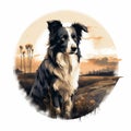 Hyperrealistic Illustration Of Border Collie In Field At Sunset
