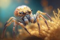 Hyperrealistic illustration of a crab spider-like insect, enlarged close-up