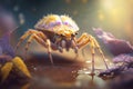 Hyperrealistic illustration of a crab spider-like insect, enlarged close-up