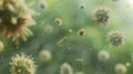 Hyperrealistic illustration of diverse pollen grains floating in the fresh spring air, a trigger for seasonal allergies
