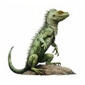 Hyperrealistic Illustration Of Green Iguana Standing On Rock