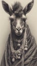 Hyperrealistic illustration in pencil of Llama dressed as a monk, mystical image, peruvian llama