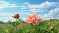 Hyperrealistic Illustration Of Pink Flowers Blooming In A Green Field