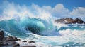 Hyperrealistic Illustration: Red Sea Waves Crashing Onto Waimea Bay Shore