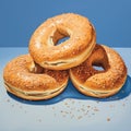 Hyperrealistic Illustration Of Three Bagels On Blue Table Royalty Free Stock Photo