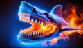 Frozen shark with open jaws engulfed in blue and orange flames, AI-generated Royalty Free Stock Photo