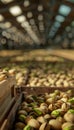 Hyperrealistic image of wooden box filled with pistachio nuts amidst endless rows in warehouse Royalty Free Stock Photo