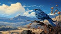 Hyperrealistic Landscape: Blue Bird Resting On Branch With Mountain View