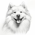 Hyperrealistic Line Drawing Of Samoyed Dog On White Background