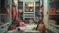 hyperrealistic luxury walk-in closet full of designer bags and shoes scattered on the floor