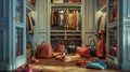 hyperrealistic luxury walk-in closet full of designer bags and shoes scattered on the floor