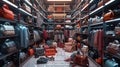 hyperrealistic luxury walk-in closet full of designer bags and shoes scattered on the floor