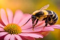 Hyperrealistic macro photo of bee sucking flower honey.