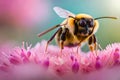 Hyperrealistic macro photo of bee sucking flower honey.