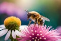 Hyperrealistic macro photo of bee sucking flower honey.
