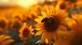 Hyperrealistic macro shot honeybee on vibrant sunflower in ansel adams style at golden hour Royalty Free Stock Photo