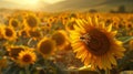 Hyperrealistic macro sunflower field at golden hour with honeybee, ansel adams style Royalty Free Stock Photo