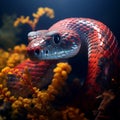 Hyperrealistic Marine Life: Dark Red Cobra Surrounded By Exotic Flowers