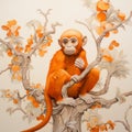 Hyperrealistic Mural: Vibrant Orange Monkey On Tree Branch