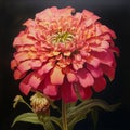 Contemporary Oil Painting: Tropical Zinnia Flower On Black