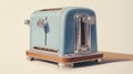 Hyperrealistic Painting Of Blue Toaster On White Wooden Stand