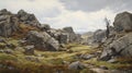 Hyperrealistic Painting Of Scottish Lowland With Sharp Boulders And Overcast Sky