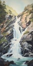 Panoramic Painting Of A Rocky Waterfall In The Style Of Anne Dewailly