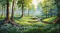 Pastel Forest Painting With White Flowers And Stream