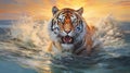 Spirited Tiger Running In Water Painting