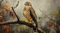 Hyperrealistic Painting Of A Hawk In Muted Colors On A Branch