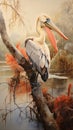 Hyperrealistic Painting Of A Pelican Perched On A Tree Branch