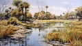 Hyperrealistic Painting Of People Walking Along A River With Reeds In The Background