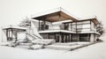 Hyperrealistic Pencil Drawing Of A Contemporary Mid-century House