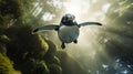 Hyperrealistic Penguin Flying Through Unreal Jungle
