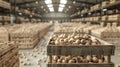 Hyperrealistic photo of pistachio nuts in wooden box surrounded by endless rows in warehouse Royalty Free Stock Photo
