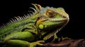 Hyperrealistic Portraits Of Green Iguana On Black Background