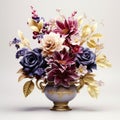 Hyperrealistic Purple And Blue Flowers In Ornate Vase