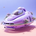 Hyperrealistic Purple Spaceship With Colorful Flowers In Desert