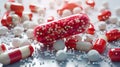 hyperrealistic render word AD floating in the center of the image, behind red-white pills floating with small white balls around,